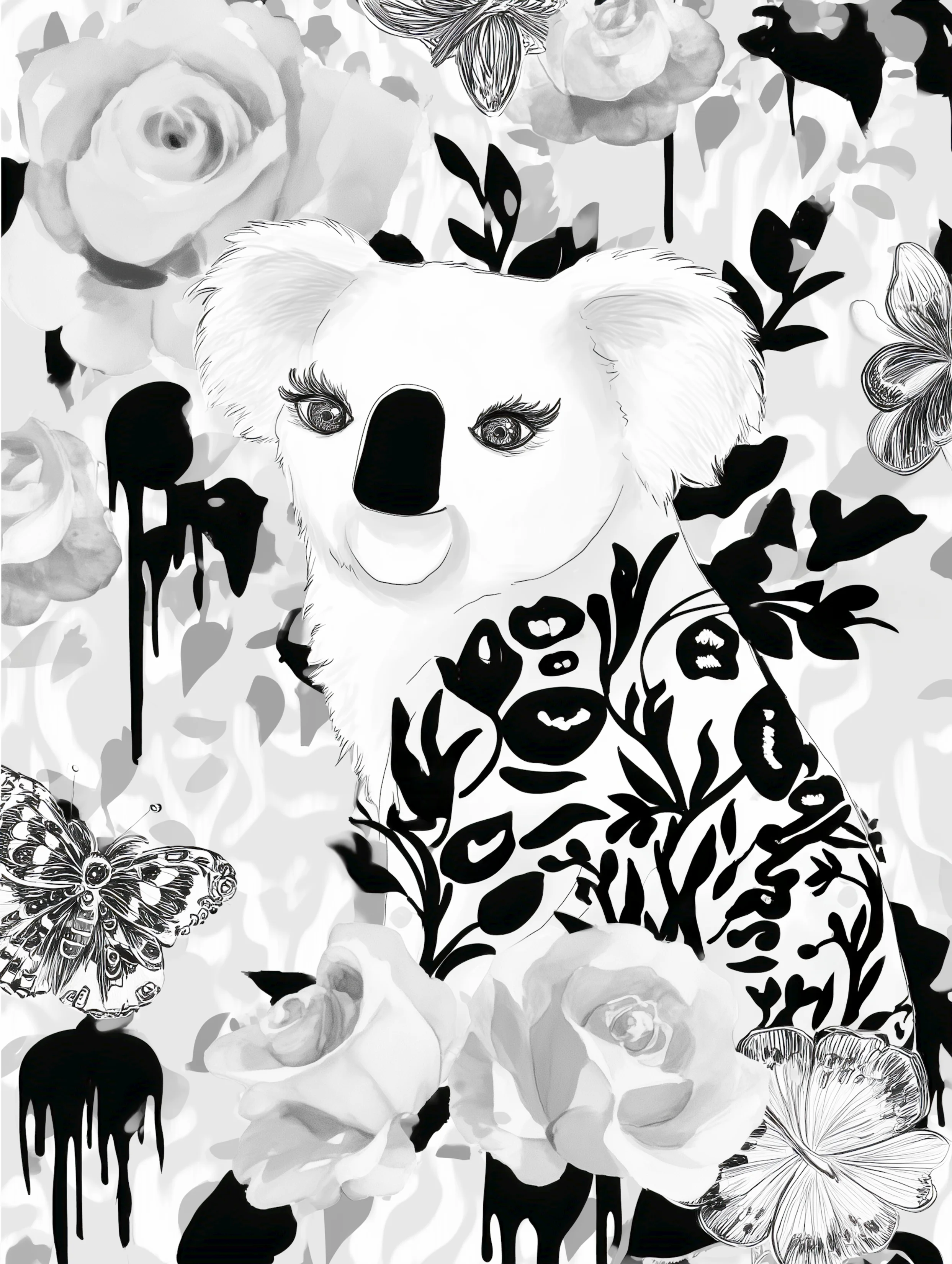 Free printable koala coloring page for adults featuring roses koala